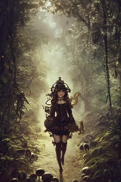 Prompt: beautiful moody portrait of a sexy steampunk schoolgirl wearing an armour of jewels and gold bugs and giant fantasy beetles behind giant mushrooms and vegetation in a forest , huge mechanical clocks, intricate details, realistic shaded , steampunk, highly detailed, artstation, pretty pretty face, illustration by Greg Rutkowski and Ruan Jia and bouguereau, octane render, dynamic light, volumetric light, neon lights, cinematic mood