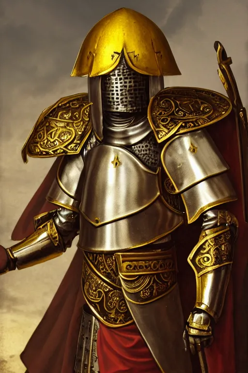 Prompt: man looking forward in iron decorated with gold baroque style christian crusader armor, cylindrical helmet covering all his head decorated with golden cross on front it's front and white cape covering most of his body standing at the gates of jerusalem drawn by greg rutkowski realistic high detail