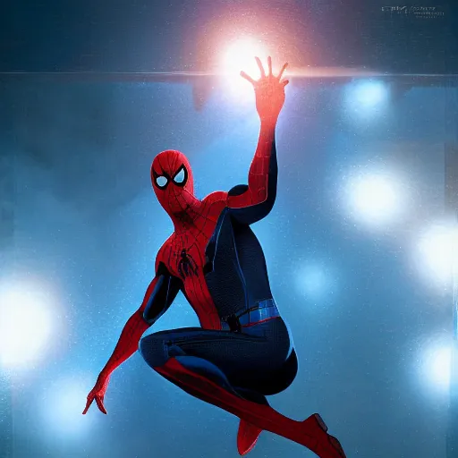 Image similar to ryan reynolds as a black and blue suit spider - man, cinematic, volumetric lighting, f 8 aperture, cinematic eastman 5 3 8 4 film, photorealistic by greg rutkowski, by stanley artgerm, by alphonse mucha