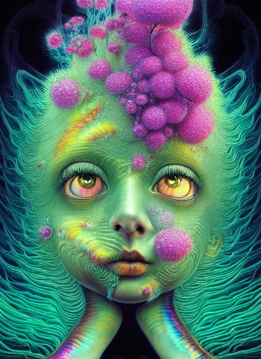 Image similar to hyper detailed 3d render like a Oil painting - kawaii portrait Aurora (black haired Fae) seen shocked and Eating of the Strangling network of yellowcake aerochrome and milky Fruit and Her delicate Hands hold of gossamer polyp blossoms bring iridescent fungal flowers whose spores black the foolish stars by Jacek Yerka, Mariusz Lewandowski, Houdini algorithmic generative render, Abstract brush strokes, Masterpiece, Edward Hopper and James Gilleard, Zdzislaw Beksinski, Mark Ryden, Wolfgang Lettl, hints of Yayoi Kasuma, octane render, 8k