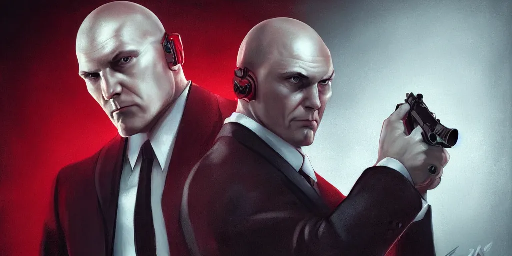 Image similar to a portrait of agent 4 7 from hitman wearing large headphones while pointing a silenced silver handgun, dark background, red rim light, smooth, sharp focus, art by irina french