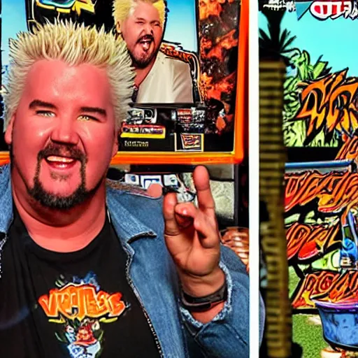 Image similar to guy fieri : backyard wrestling the video game 1 9 8 9 special tournament edition plus alpha arcade cabinet, game case, box art