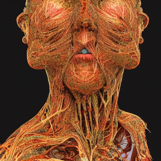 Image similar to beatifull frontal face portrait of a woman, 150 mm, gonzo, anatomical, flesh, flowers, mandelbrot fractal, facial muscles, veins, arteries, symmetric, intricate, golden ratio, full frame, microscopic, elegant, highly detailed, ornate, ornament, sculpture, elegant , luxury, beautifully lit, ray trace, octane render in the style of Trevor brown , robert Mapplethorpe and Cindy sherman