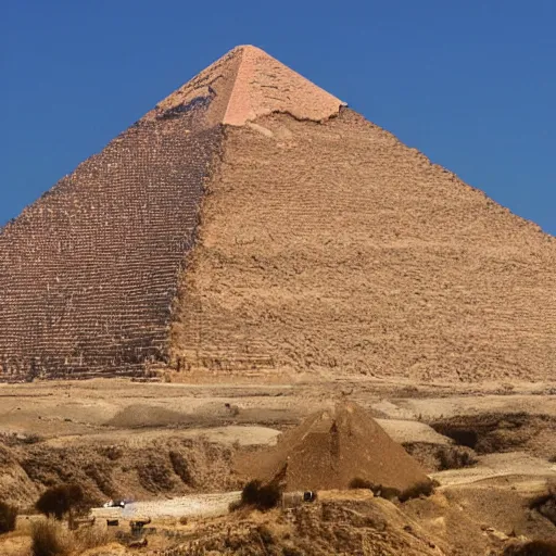 Prompt: faraway shot of a pyramid from a canyon, panoramic