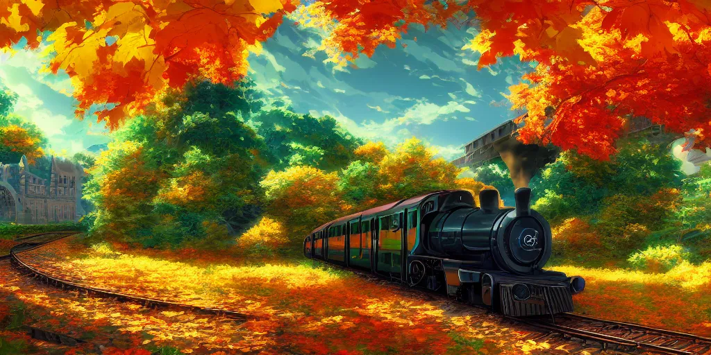 Image similar to A beautiful illustration of beautiful Hogwarts train, autumn, leaves, trees, steam, wide angle, by makoto shinkai, Wu daozi, very detailed, deviantart, 8k, wallpaper, tropical, colorful, airy, anime illustration, anime nature wallpap