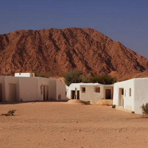 Image similar to a village in the desert, white houses, two suns, star wars style