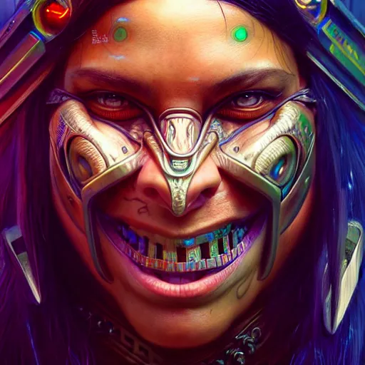 Image similar to portrait painting of a proud cyberpunk maori warrior laughing, ultra realistic, concept art, intricate details, eerie, highly detailed, photorealistic, octane render, 8 k, unreal engine. art by artgerm and greg rutkowski and magali villeneuve and alphonse mucha