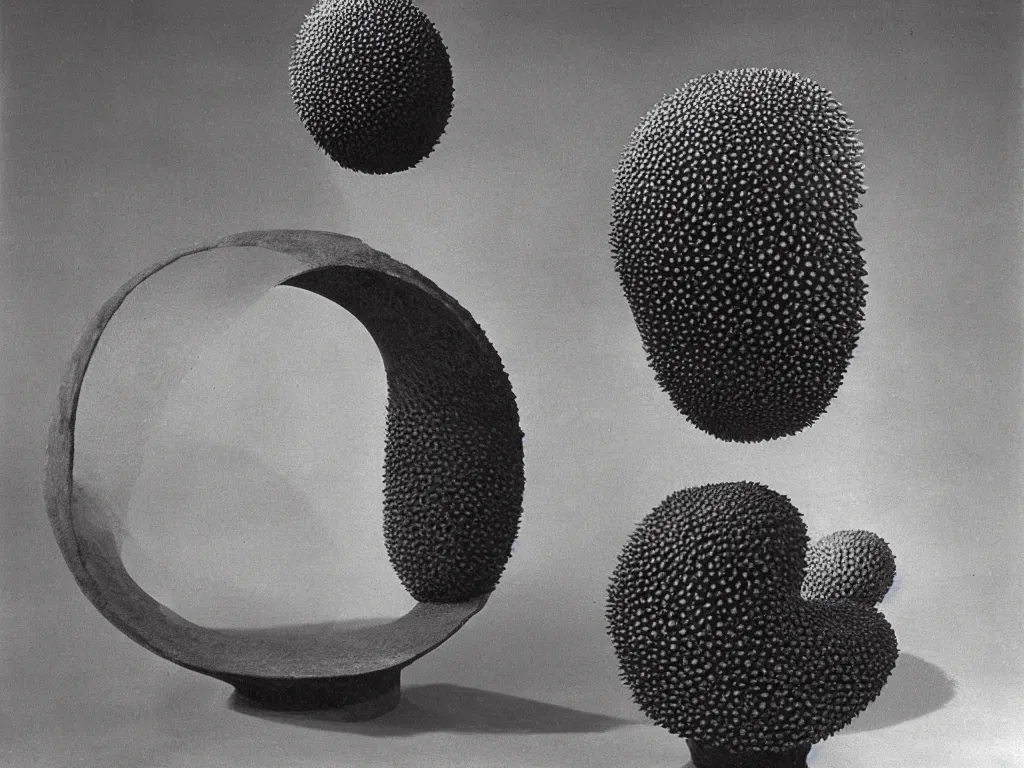 Image similar to round brutalist stone chair in the shape of sea urchin. karl blossfeldt, salvador dali