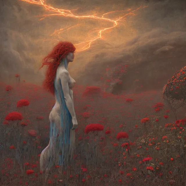 Image similar to A woman wearing clothes made out of thunder clouds and flowers, giant monsters in the background, red skin, Masterpiece, glowing, wires everywhere, by Edgar Maxence and Ross Tran, Zdzisław Beksiński, and Michael Whelan, distant, gustav dore, H.R. Giger, 8k, octane render