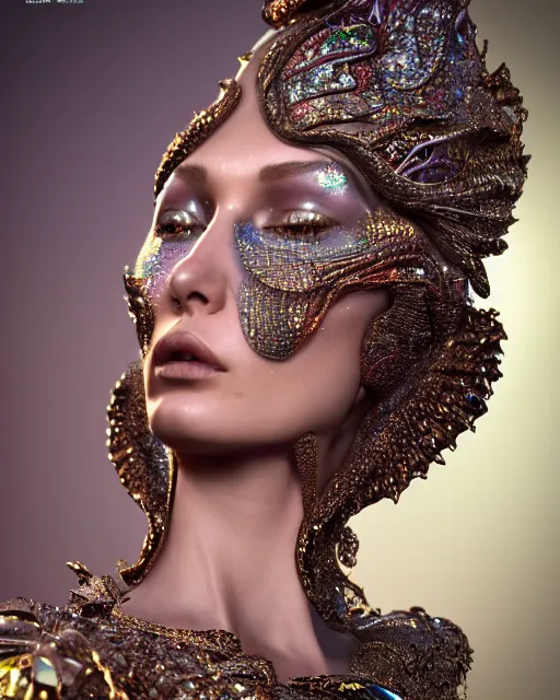 Prompt: a highly detailed metahuman 4 k close up render of an alien goddess bella hadid monument festival makeup in iris van herpen dress schiaparelli in diamonds crystals swarovski and jewelry iridescent in style of alphonse mucha gustav klimt trending on artstation made in unreal engine 4