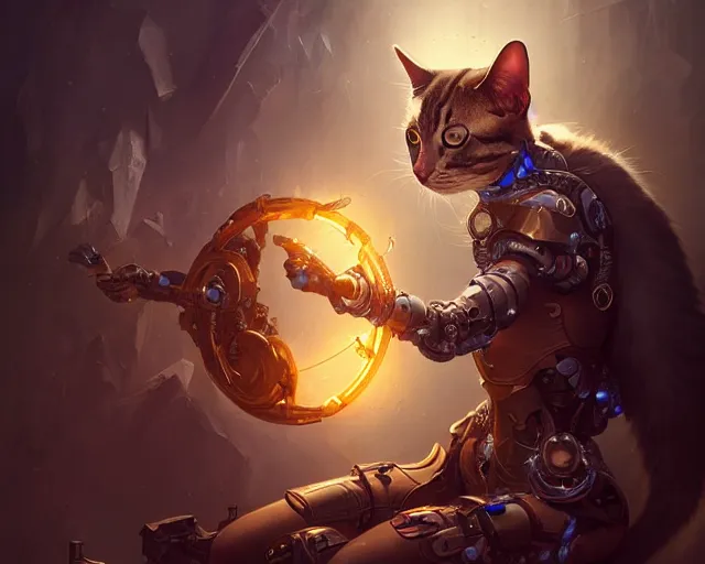 Prompt: a cyborg cat, deep focus, d & d, fantasy, intricate, elegant, highly detailed, digital painting, artstation, concept art, matte, sharp focus, illustration, hearthstone, art by artgerm and greg rutkowski and alphonse mucha