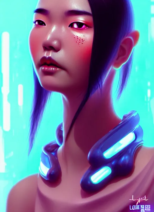 Prompt: sensual asian female humanoid with freckles, by loish, d & d, fantasy, cyber neon lighting, futurism, intricate futuristic jewelry accessories, cyberpunk high fashion, profile posing, hyper photorealistic, digital photography, artstation, pinterest, concept art, art by pascal blanche and greg rutkowski,