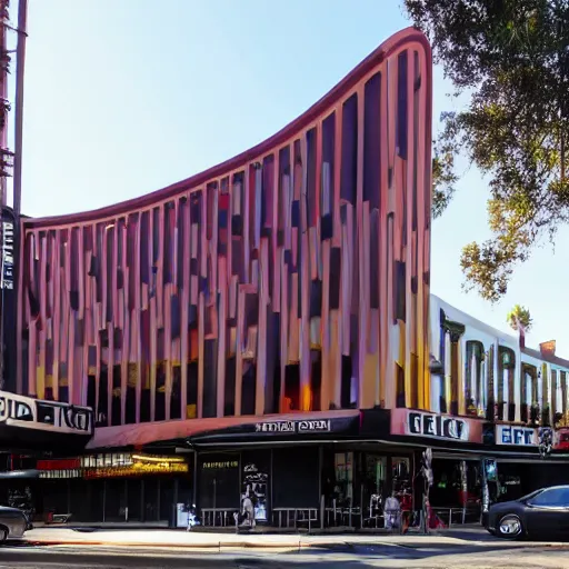 Prompt: impressive inner city club building looking like a whiskey bottle embedded in a sunset strip panorama people are standing in line, waiting to get in