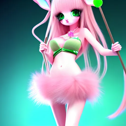 Image similar to ultrarealistic sweet bunny girl, intricate details, green eyes, 8K, long hair, fluffy, pink, lollipop, high octane