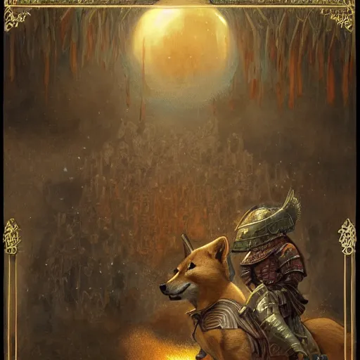 Prompt: anthropomorphic shiba inu, holy knight armor, in medieval banquet, stuning fantasy 3 d render, masterpiece, glowing aura, by donato giancola and greg rutkowski and wayne barlow and zdzisław beksinski, realistic face