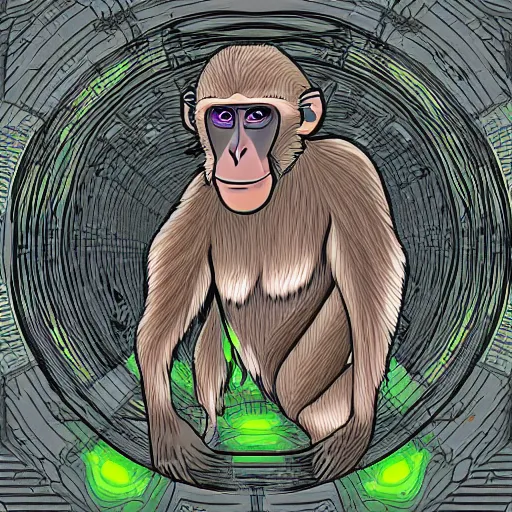 Prompt: macaque inside alien base, digital art,