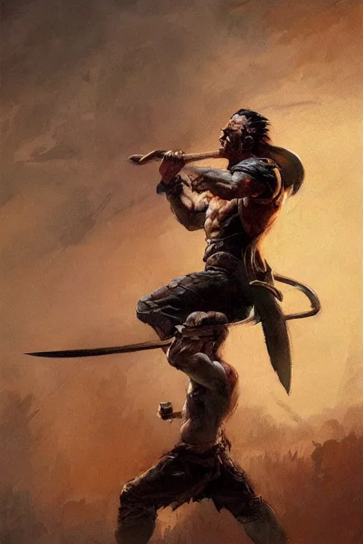 Prompt: holding an axe, concept art in style of Greg Rutkowski, painted by Frank Frazetta, John Singer Sargant