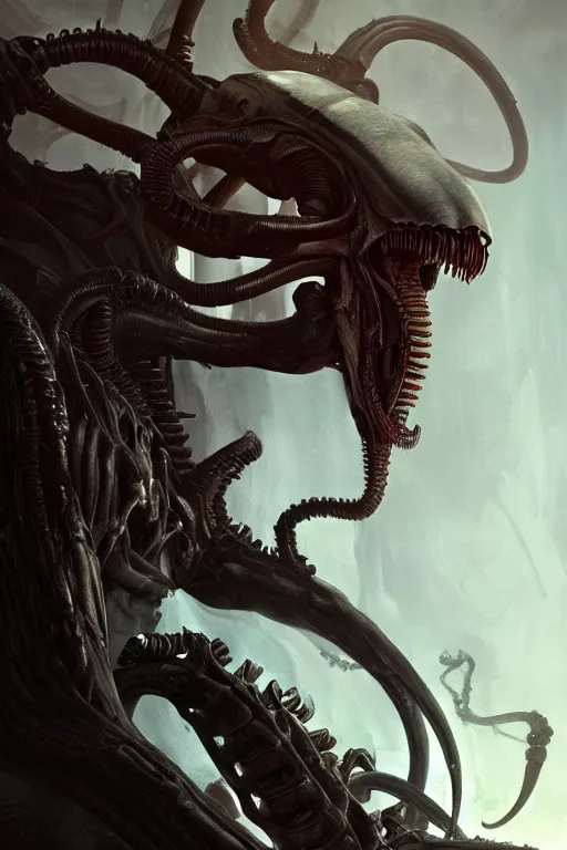 Image similar to xenomorph king close - up portrait, crown of bones, intricate, elegant, volumetric lighting, scenery, digital painting, highly detailed, artstation, sharp focus, illustration, concept art, gaston bussiere, ruan jia, steve mccurry