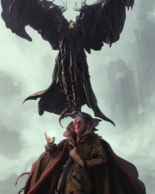 Prompt: beautiful fantasy character portrait, vulture, wearing oversized black trench coat, ultra realistic, wide angle, dramatic lighting, vultures, cyberpunk artifacts, highly detailed by peter mohrbacher, hajime sorayama, wayne barlowe, boris vallejo, aaron horkey, gaston bussiere, craig mullins