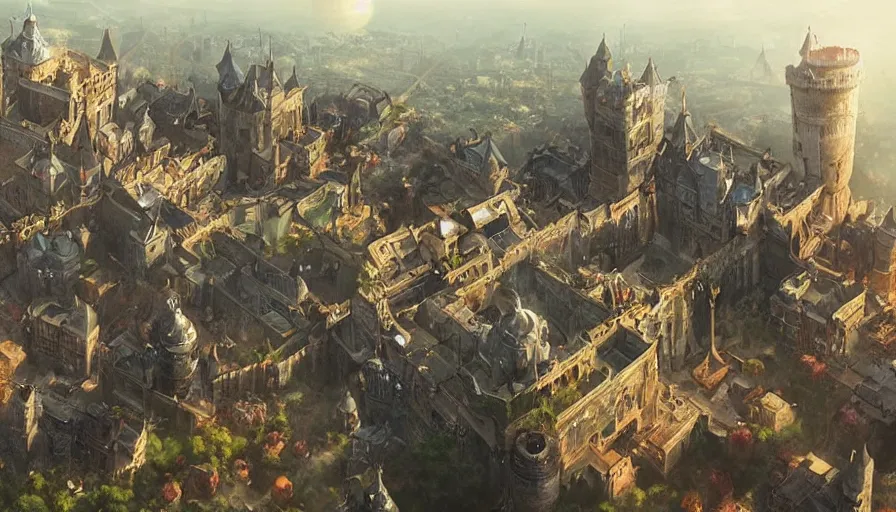 Prompt: fantacy city with a castle, aerial photography, concept art, by artgerm and greg rutkowski, detailed textures