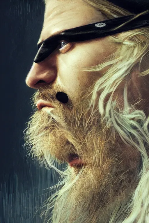 Image similar to blonde wild hair beard man, pirate eye - patch, playing guitare, close - up portrait, powerfull, intricate, elegant, volumetric lighting, scenery, digital painting, highly detailed, artstation, sharp focus, illustration, concept art, ruan jia, steve mccurry