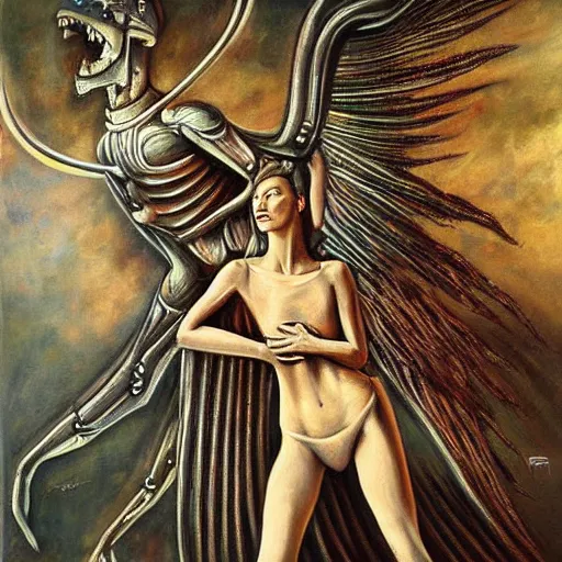 Image similar to a stunning oil painting of a ballerina angel spearing a ballerina demon in an epic battle by h. r. giger