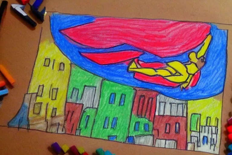 Image similar to Kids crayon drawing of a girl super hero flying above a city