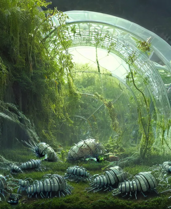 Image similar to transparent clear see - through image of many many isopods, lush botany, foliage, aurora spaceship environment, ultra realistic, concept art, photorealistic, octane render, 8 k, unreal engine. art by gustave dore and nori inoguchi and sam kaplan and zachary goulko and christopher marley and artgerm and alphonse mucha