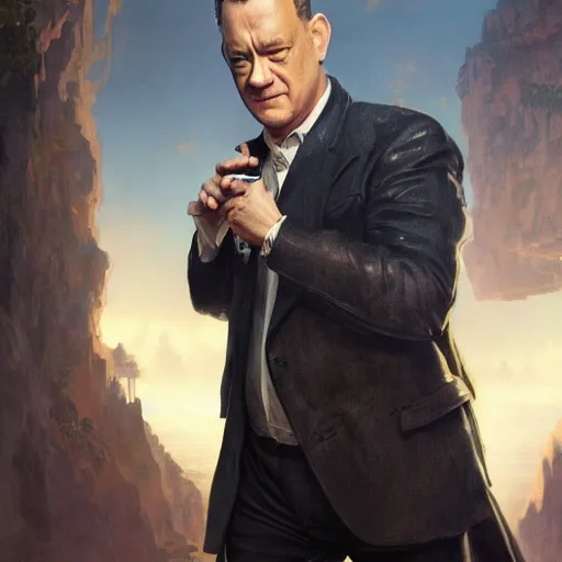 Image similar to a highly detailed matte portrait of tom hanks as a secret agent, epic fantasy, god rays, ultrawide lens, aerial photography, unreal engine, exquisite detail, 8 k, art by greg rutkowski and alphonse mucha