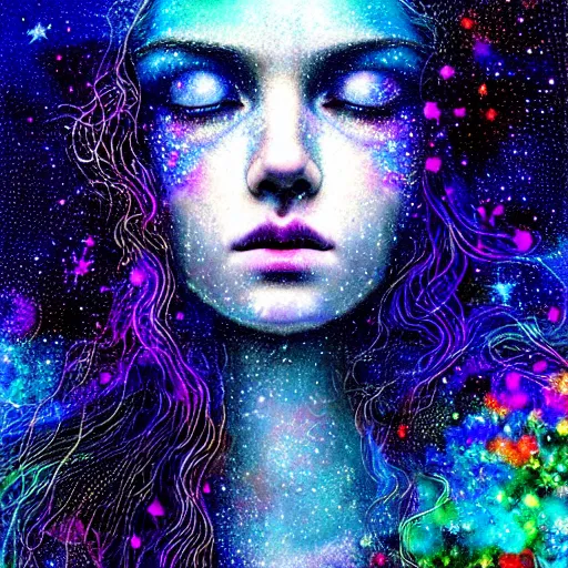 Image similar to girl finding spiritual freedom in psychedelic LSD rain with wet hair and face, morphing to stary complex spiral galaxy, fantasy, intricate, elegant, dramatic lighting, emotionally evoking symbolic metaphor, highly detailed, lifelike, photorealistic, digital painting, artstation, concept art, smooth, sharp focus, illustration, art by John Collier and Albert Aublet and Krenz Cushart and Artem Demura and Alphonse Mucha