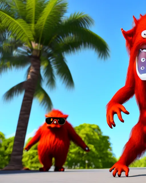 Image similar to 3 d render of completely red hairy friendly antropomorphic cartoony creature wearing white ray - ban shades, full body, simple, without nose, smiling, cute, white background, unreal engine 5 hdr