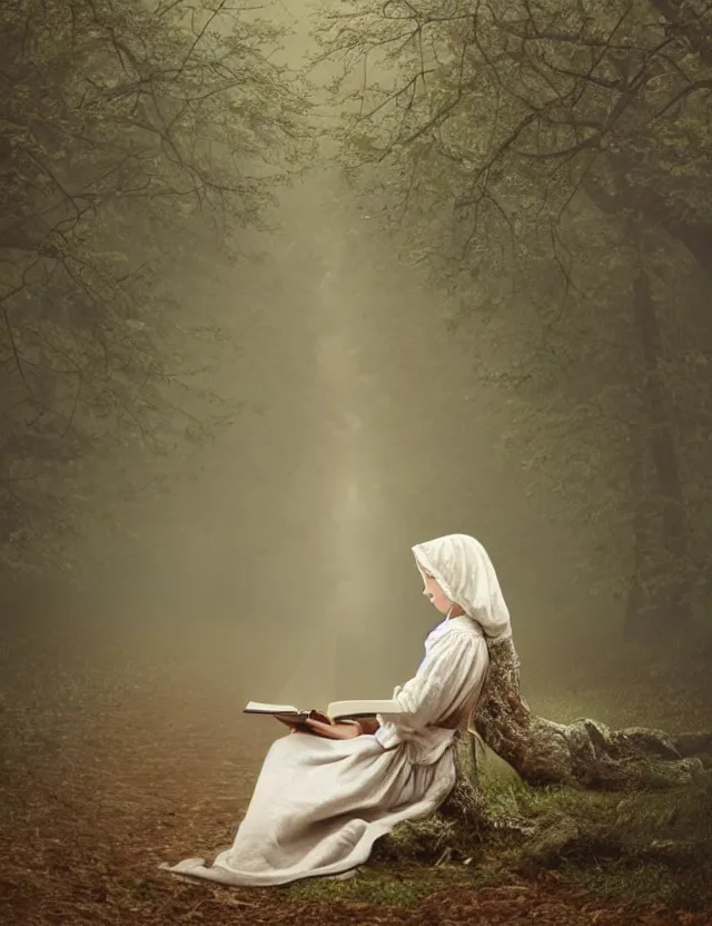 Image similar to peasant Girl in white reading a book sitting on a tree in a foggy forest, Cinematic focus, Polaroid photo, vintage, neutral colors, soft lights, by Steve Hanks, by Serov Valentin, by lisa yuskavage, by Andrei Tarkovsky 8k render, detailed, oil on canvas