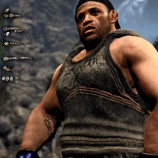 Image similar to character screenshot of ufc commentator daniel cormier dc in skyrim, npc talking, wilderness, 1 0 8 0 p, bokeh, elder scrolls v, detailed, dialog text