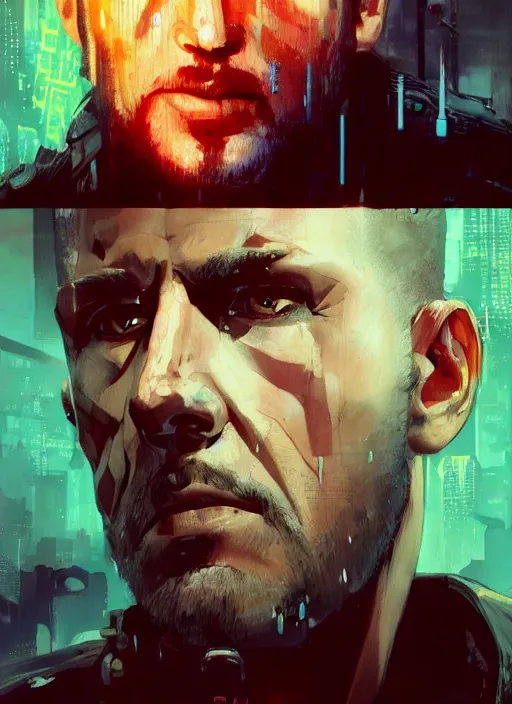 Image similar to cyberpunk military character jitters ( blade runner 2 0 4 9, dystopian, cyberpunk 2 0 7 7 character design ), modern warfare, attractive face. portrait by james gurney and laurie greasley and yoji shinkawa, oil on canvas. cinematic composition, hyper realism, realistic proportions, anatomy, dramatic lighting, photorealistic, high detail, 4 k