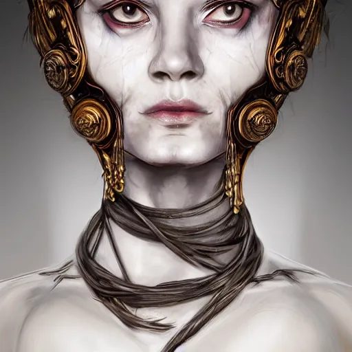 Image similar to portrait of a Shibari rope wrapped face and neck, headshot, insanely nice professional hair style, dramatic hair color, digital painting, of a old 17th century, old cyborg merchant, amber jewels, baroque, ornate clothing, scifi, realistic, hyperdetailed, chiaroscuro, concept art, art by Franz Hals and Jon Foster and Ayami Kojima and Amano and Karol Bak,