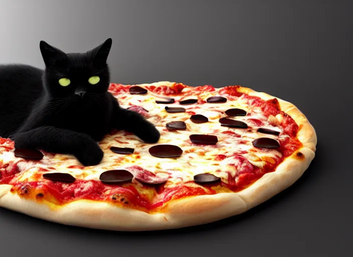 Image similar to A tiny black cat sleeping on a cozy pizza pillow. designed by Peter Andrew Jones and Pixar, photorealistic, 3d render, award winning render, unreal engine, octane render, studio lighting, 8k, hd, Dustin Nguyen, Akihiko Yoshida, Greg Tocchini, Greg Rutkowski, Cliff Chiang