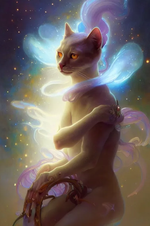 Image similar to Full view realistic ethereal stunning Celestial Cat of cosmic nebula with Pixar fur, 4k digital painting masterpiece by Mandy Jurgens and Ruan Jia, ornate Iconography background in the style of Alphonse Mucha, tarot card, amazing, magnificent, mystical, Hyperdetailed, award winning art, Ross Tran, wlop, Artgerm, Craig Mullins, detailed and realistic, soft lighting, intricate details, realistic, full view, Artstation, CGsociety