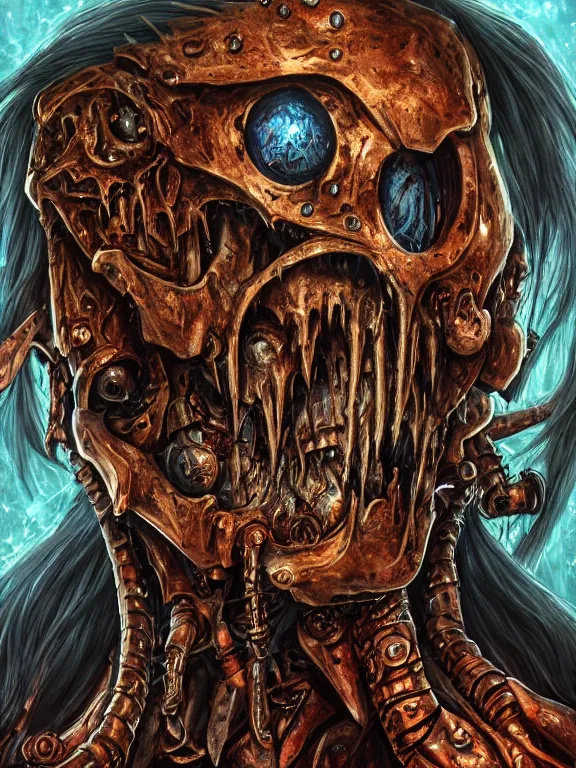 Image similar to portrait art of 8k ultra realistic undead eldritch horror corrupted rusting space marine,decaying, cybernetic, full of colour, cinematic lighting, battered, trending on artstation, 4k, hyperrealistic, focused, extreme details,unreal engine 5, cinematic, masterpiece, art by ayami kojima, giger