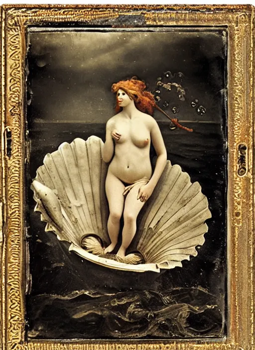 Image similar to old wetplate daguerreotype birth of venus in times of cholera, fractal, intricate, elegant, highly detailed, parallax, leica, medium format, subsurface scattering, by jheronimus bosch and greg rutkowski and louis jacques mande daguerre