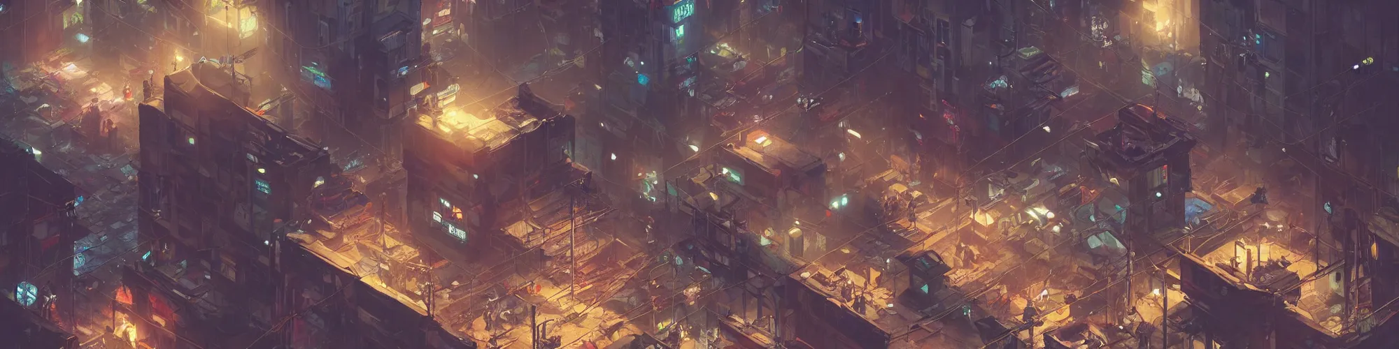 Image similar to an isometric cyberpunk slum, bright lights, by greg rutkowski and games gurney, trending on artstation