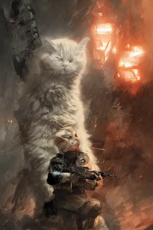 Prompt: a sodier with a head of a british longhair cat in the war, epic scene, by nick silva and ross tran and ruan jia