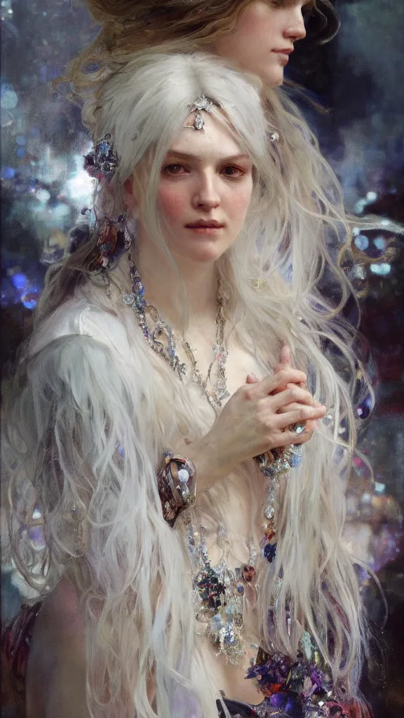 Image similar to a highly detailed beautiful white haired woman, adorned with precious stones, by jeremy mann and alphonse mucha 4 k resolution, trending on artstation, very very detailed, masterpiece, stunning,