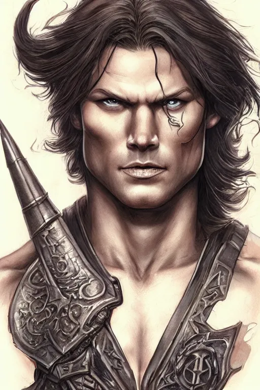 Image similar to face and torso portrait of pretty muscular sam winchester as a dark mage warrior tattooed, d & d!, fantasy style, sharp focus!, ultra detailed, art by artgerm and peter andrew jones, wlop