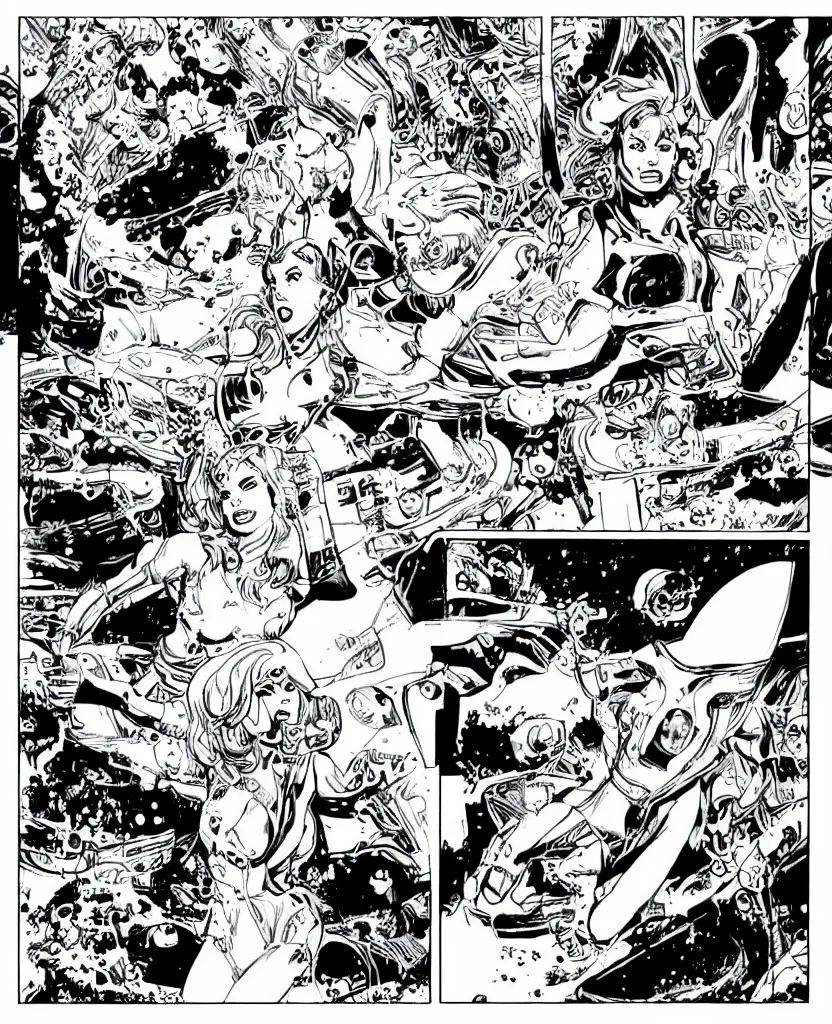 Image similar to comic page, one panel, kylie minogue as barbarella, piloting her starship. retro control panel. drawn by pablo marcos. b & w. black and white.