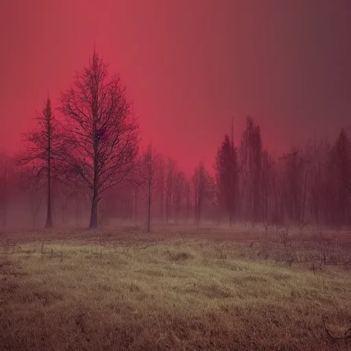 Prompt: a blood red river. gothic. dark ominous trees. moody. atmospheric lighting. foggy.