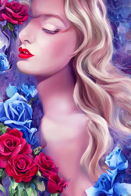 Image similar to beautiful digital painting Veronica Lake and blue roses and rubies, by Georgia O\'Keeffe, Carmelo Blandino, Cyril Rolando, artstation, Behance, 4K,
