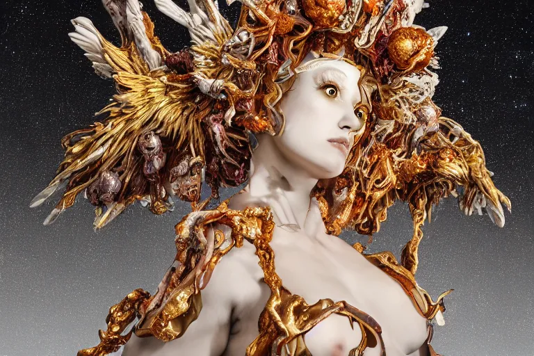 Image similar to Cinestill of A heartbreaking realistic 8k Bernini Sculpture of a stunning intricate cracked multicolored milky cosmic marble Evangelion Fallen Angel Devil Queen adorned in sentient mycelium mystical jewelry and ancient Empress crown and misty xparticles. by Yoshitaka Amano, Daytoner, Greg Tocchini, Scattered golden flakes, Hyperrealism. Subsurface scattering. Octane Render. Weirdcore