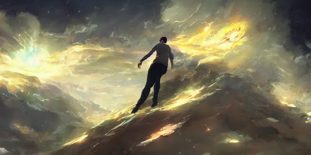 Image similar to concept art painting of a man falling eternally in the universe, realistic, detailed, cel shaded, in the style of makoto shinkai and greg rutkowski and james gurney