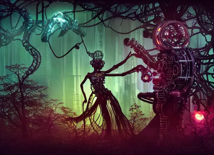 Image similar to silhouette of an intricate mechanical fairy with visible gears having tea with a cyborg gorgon medusa in a magical forest. Very detailed 8k. Fantasy cyberpunk horror. Sharp. Cinematic post-processing