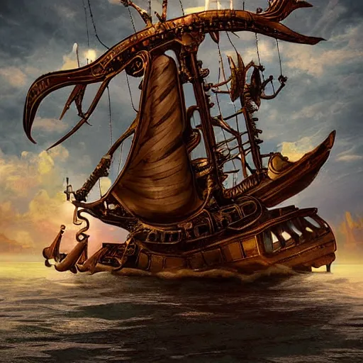 Prompt: A flying octopus ship, digital art, steampunk, epic, cinematic, dramatic lighting